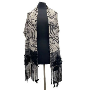 Pashmina Wool Shawl with Silky Tassel Fringe Feathers and Beading NWT